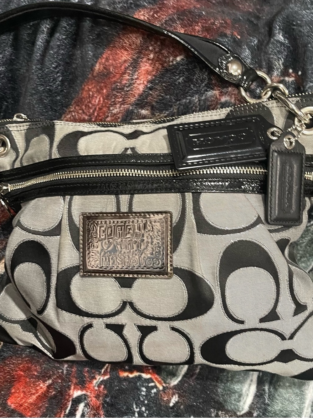 Coach Gray and Black Poppy Signature Canvas Shoulder Bag